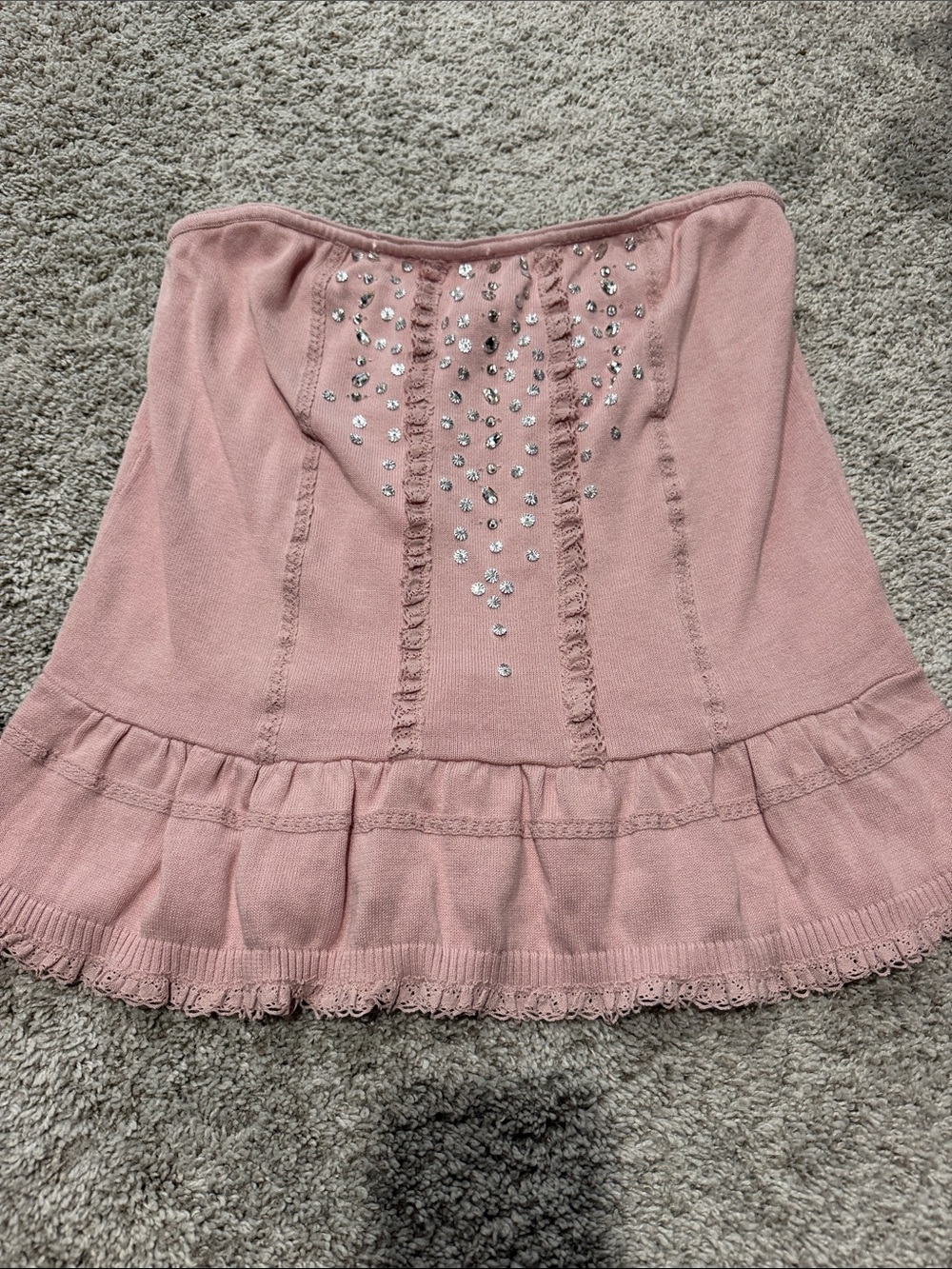 Anthropologie Dusty Pink Strapless Ruffle-Hem Knit Top with Rhinestones